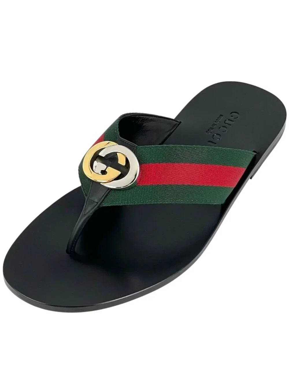 Gucci Interlocking Thong Sandals GG Web Sherry Line Shoes Leather Canvas Black